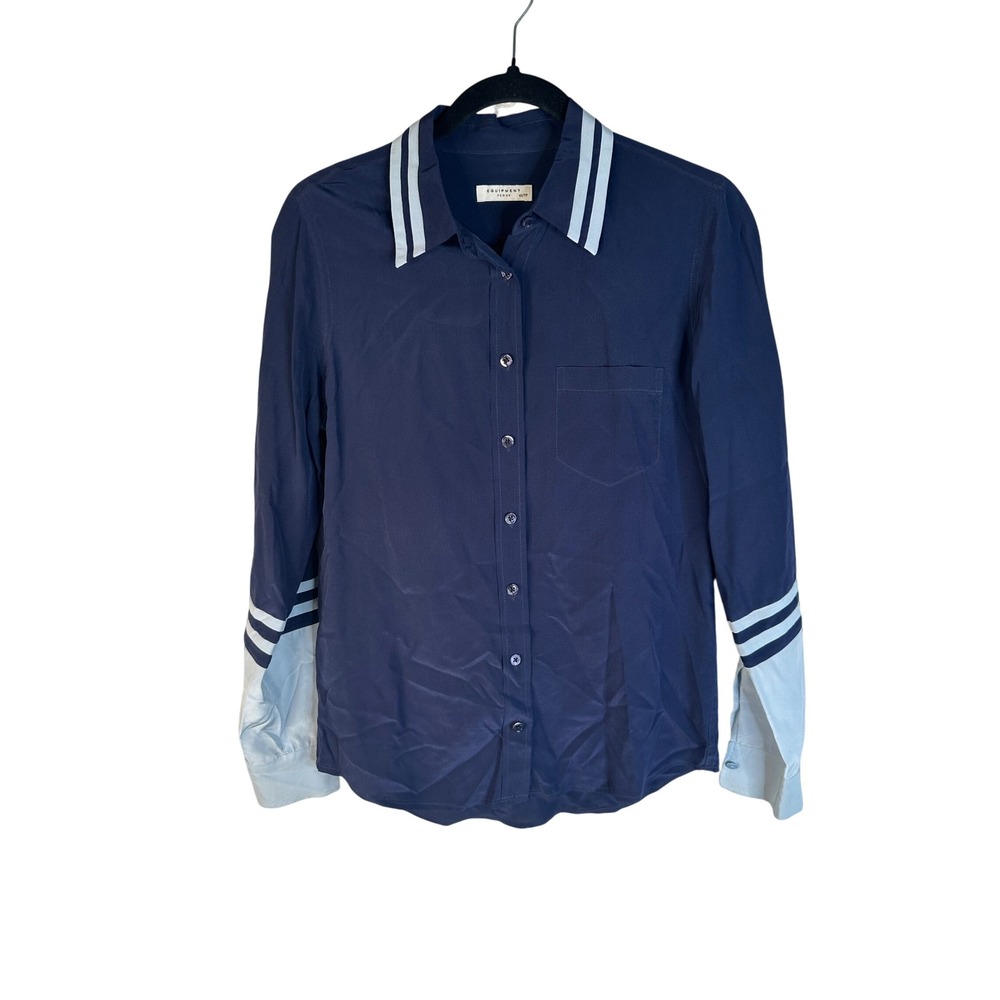 Equipment Femme Women's Navy Blue 100% Silk Striped Trim Button Down Shirt XS - Picture 2 of 8